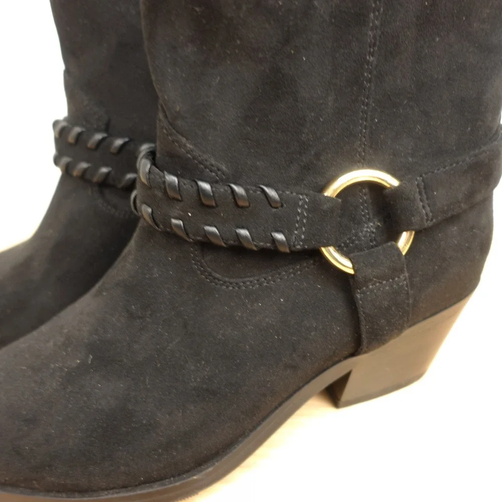 Western Boho Suede Ankle Boots Womens 6 Black Biker Indie Harness DV Dolce Vita